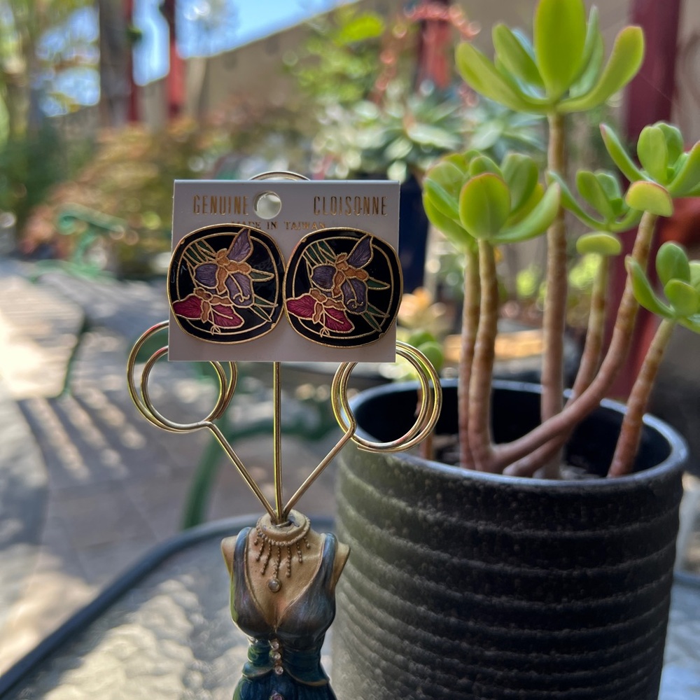 NEW Genuine Cloisonné Enamel Earrings with Floral Design